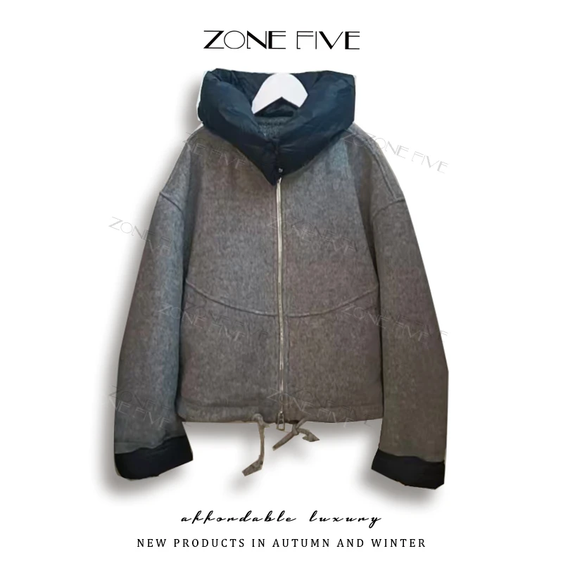zonefive加绒加厚款连帽秋冬宽松型上衣短款鹅绒服25-9019