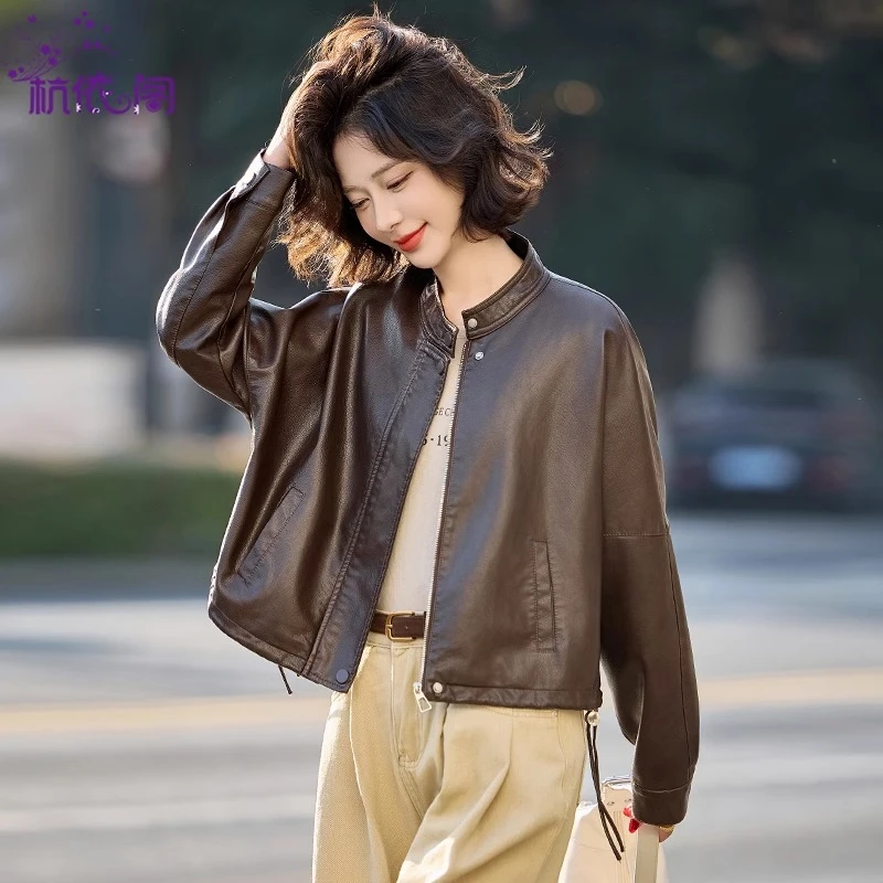 短款皮衣外套女2025新款春秋小个子气质复古宽松立领PU皮机车夹克