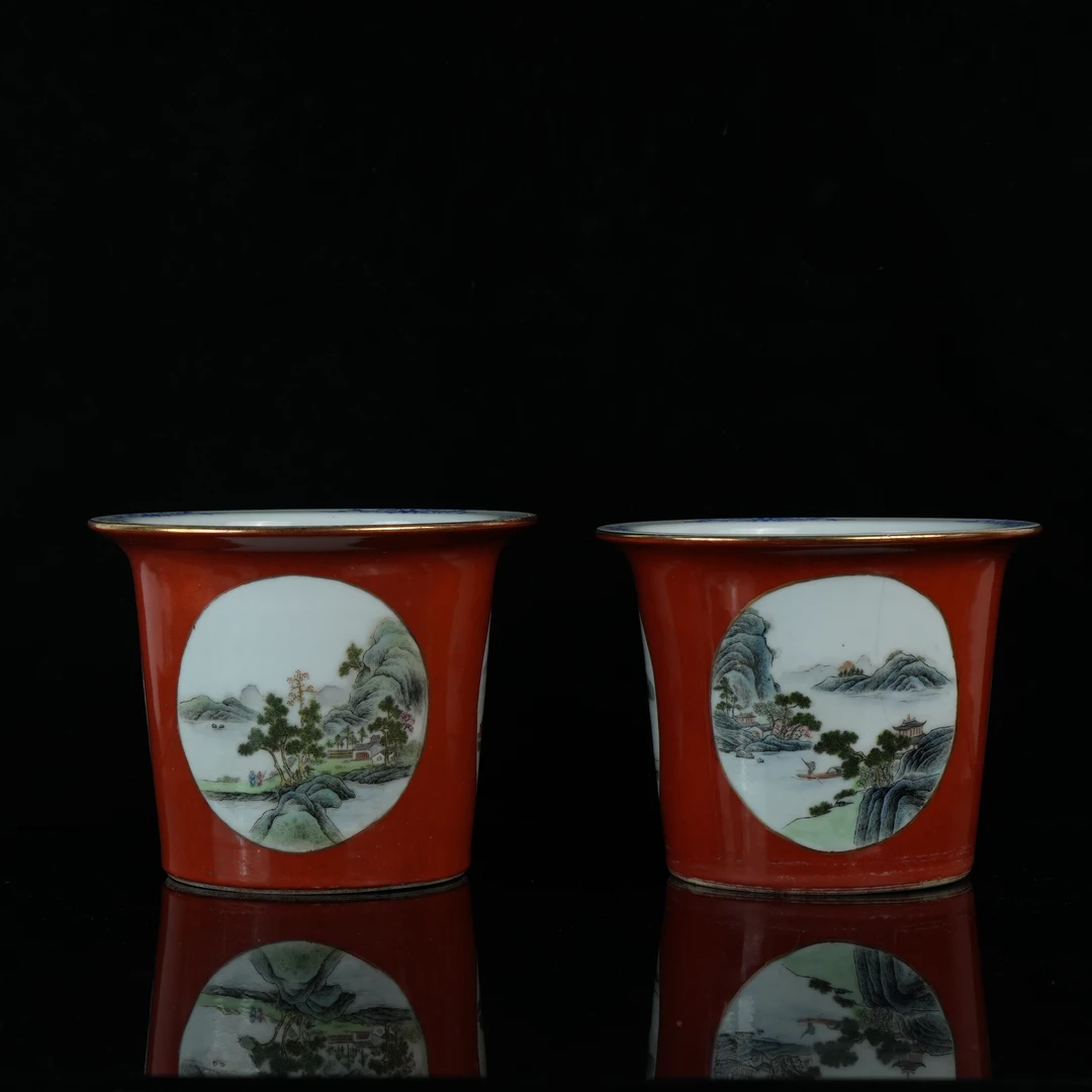 lot14718 4760 民国 居仁堂制珊瑚红粉彩花盆一对 H:15 D:19