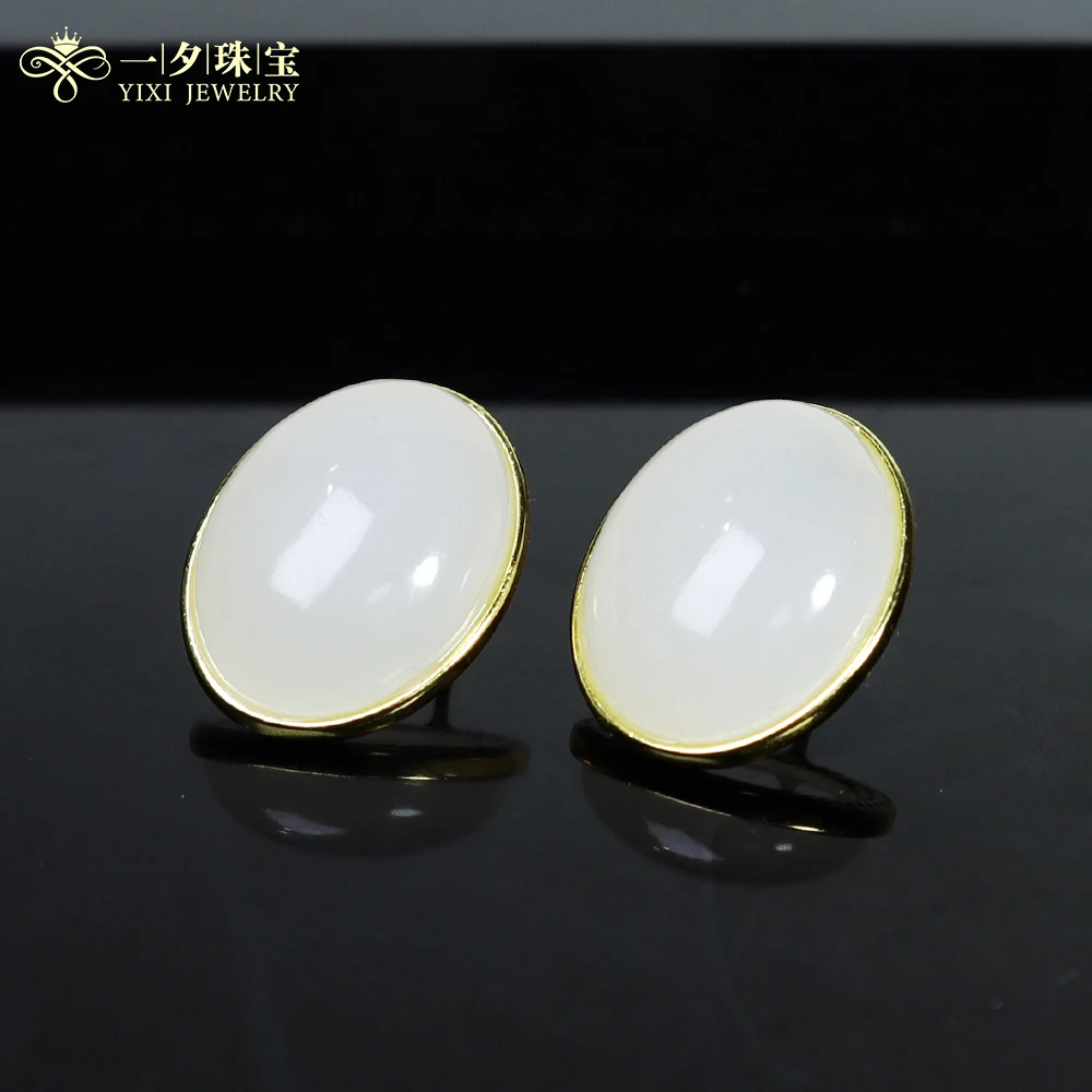 【一夕珠宝】s925银镶嵌丨和田玉蛋面耳钉丨天然玉石丨多样性发一