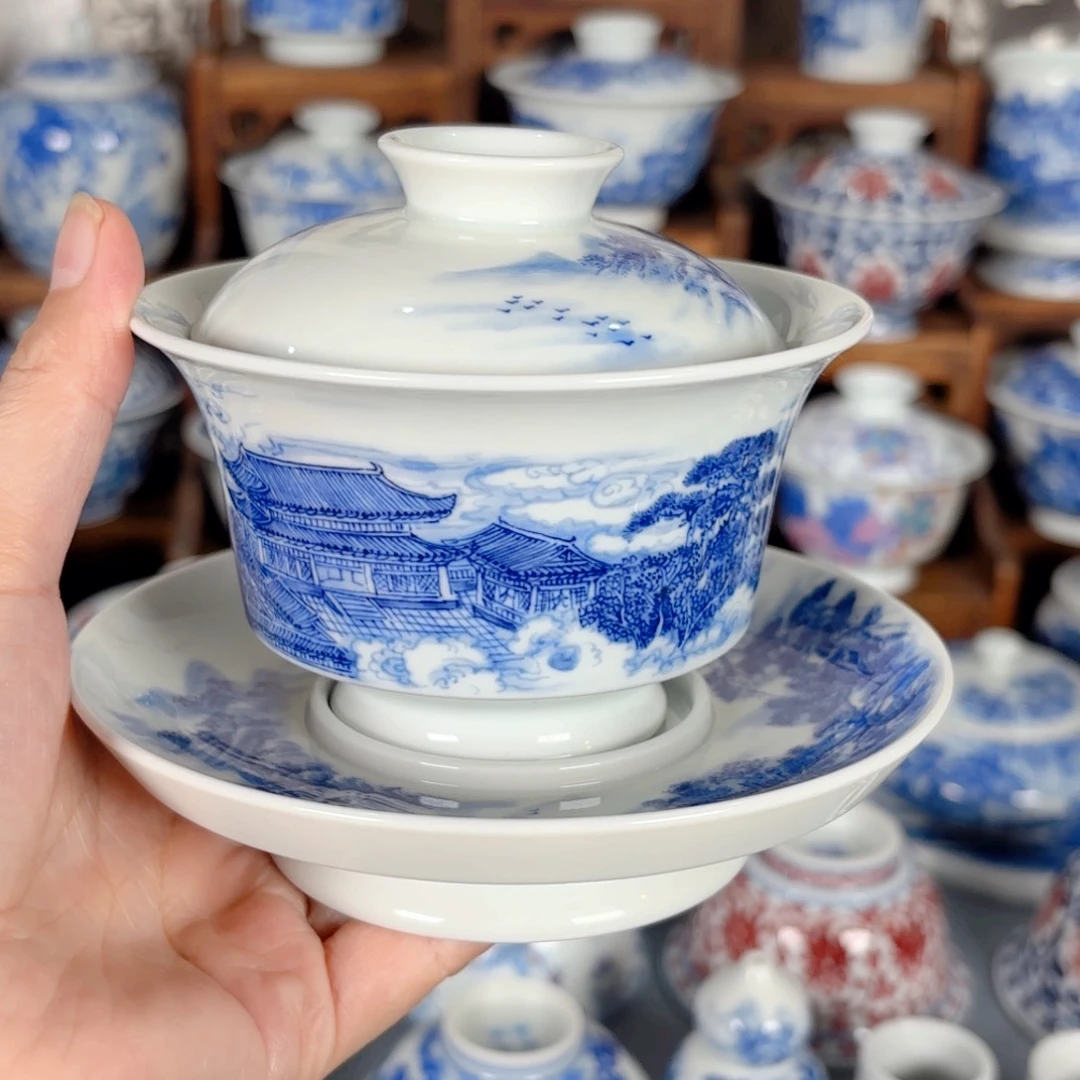 漫***路青花瓷器手绘作品陶瓷盖碗