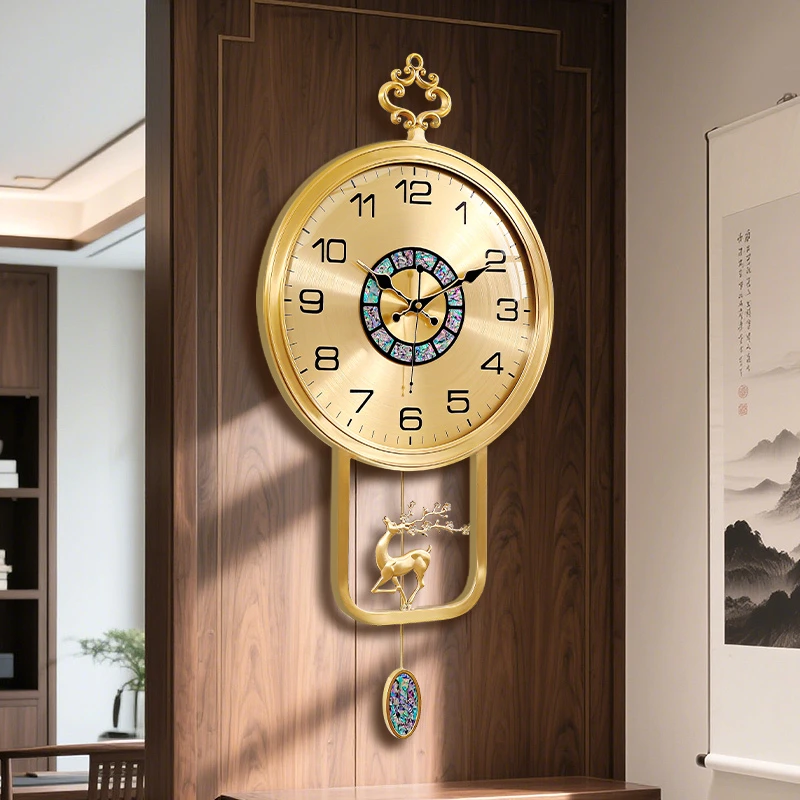 新中式轻奢铜挂钟家用客厅大气时尚创意石英钟挂墙高端装饰时钟表