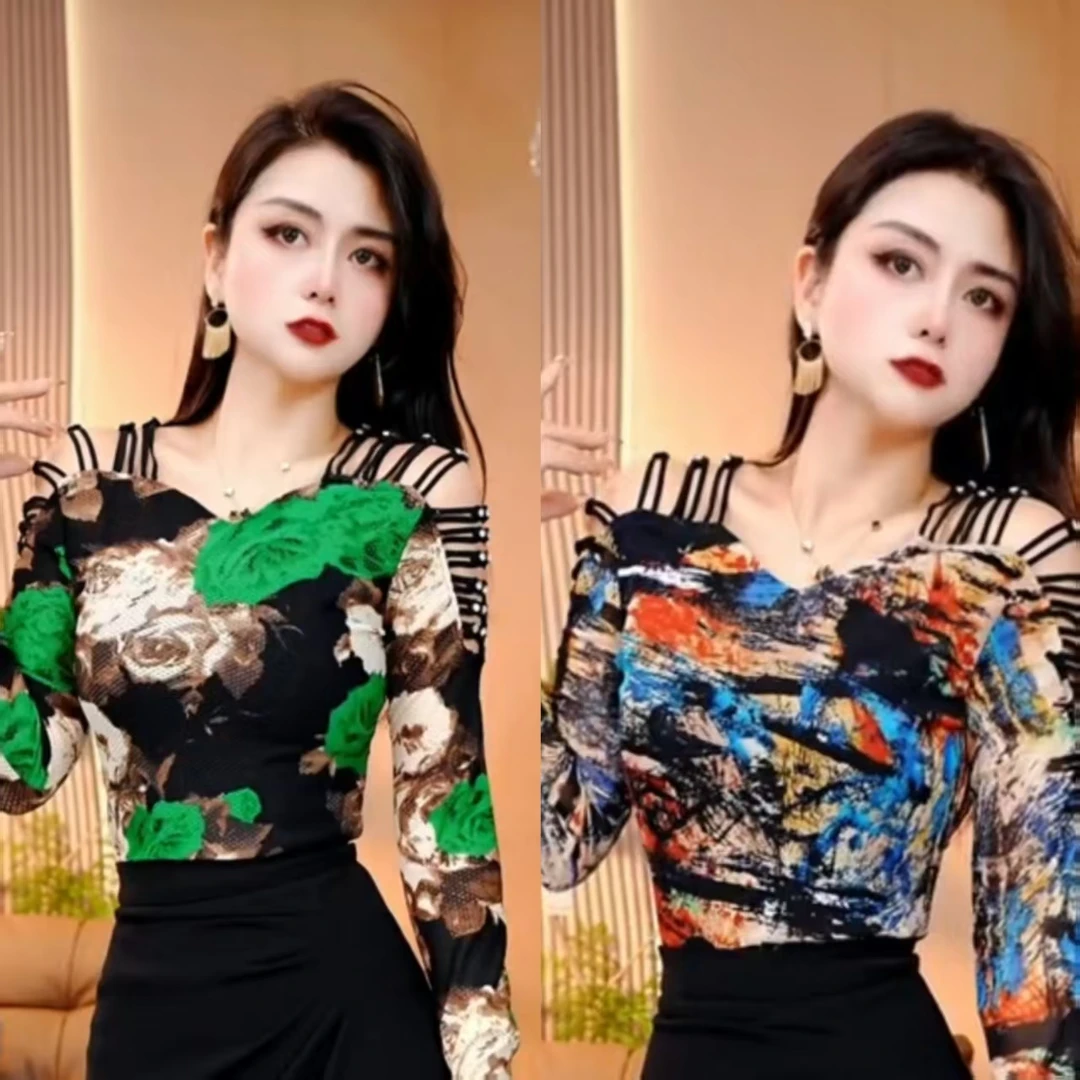 2025新款时尚印花长袖T恤欧货设计感网纱拼接上衣修身小衫