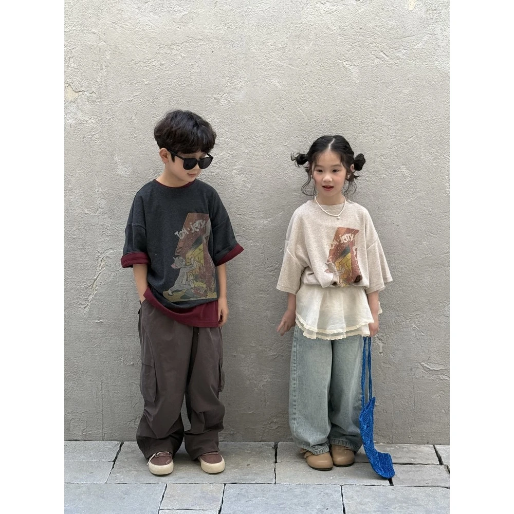 童T恤2025夏季男女童韩版字母卡通短袖儿童圆领休闲宽松上衣