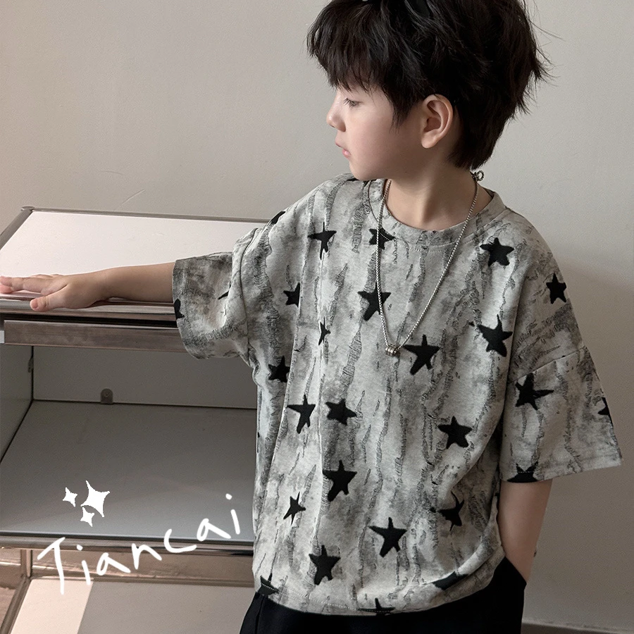 夏季新款童装韩版男童短袖T恤儿童中大童五角星潮款圆领半袖时尚
