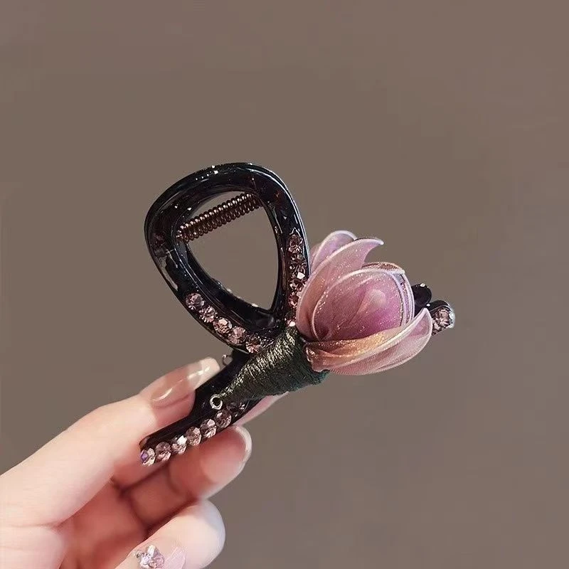 2025春夏新款立体网纱花朵抓夹时尚甜美发夹优雅后脑勺盘发鲨鱼