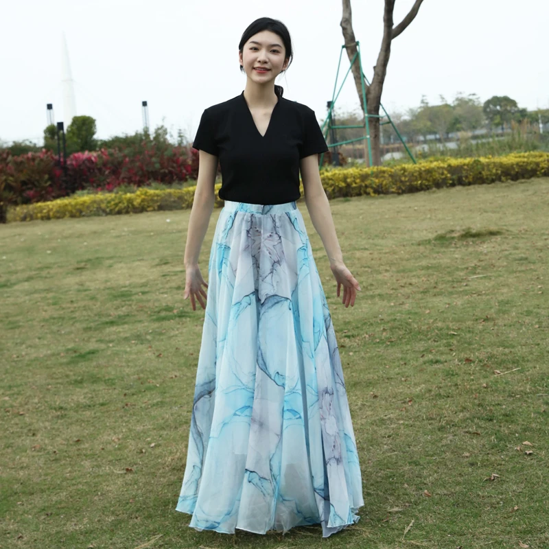 2025半身裙女新款夏季气质雪纺碎花大摆印花清雅显瘦大码长裙飘逸