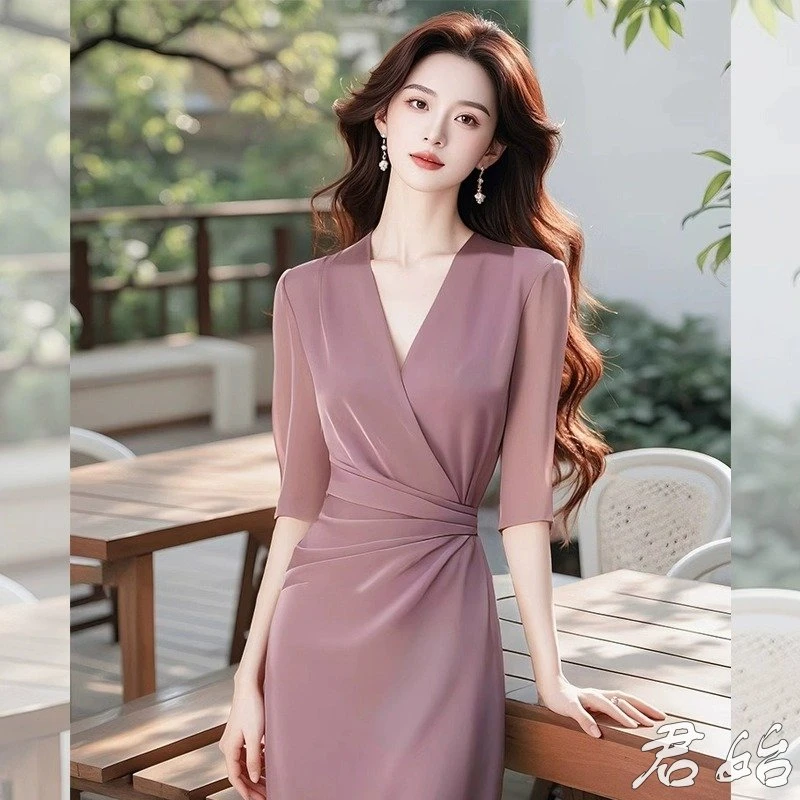 法式气质时尚高端精致高级好看连衣裙简单大方得体粉色超仙连衣裙