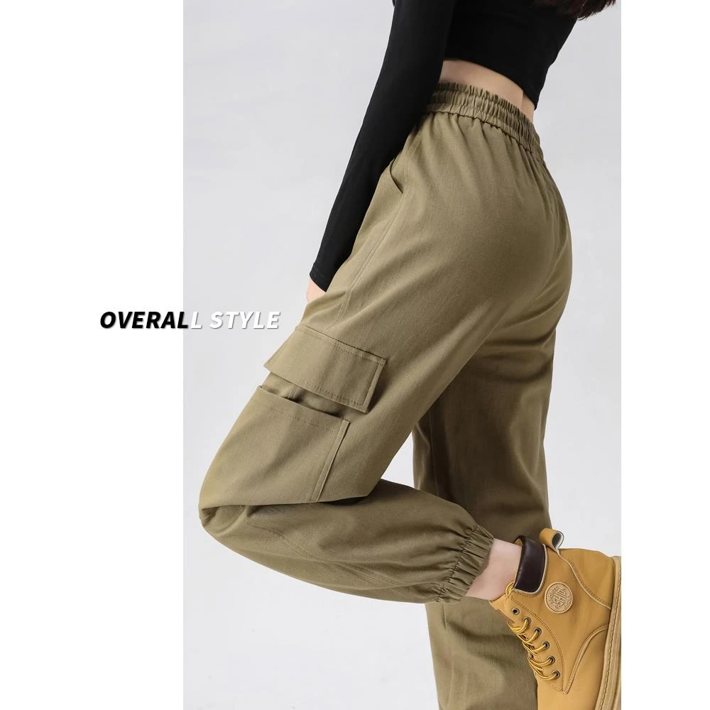 美式工装裤女春秋薄款2025新款高腰束脚卡其色运动休闲冲锋卫裤子