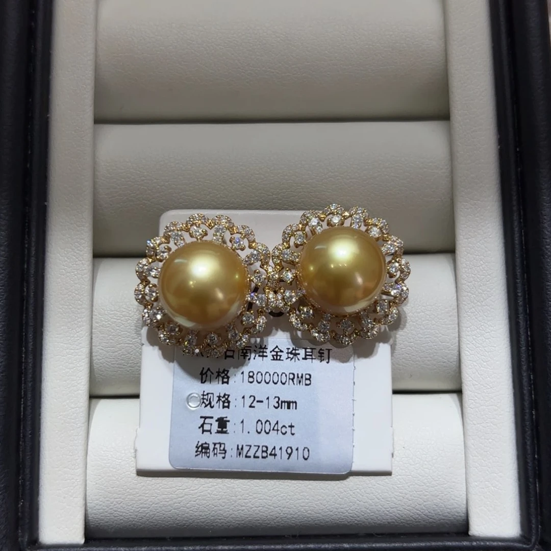 海水珍珠耳饰18K金镶嵌12-13mm