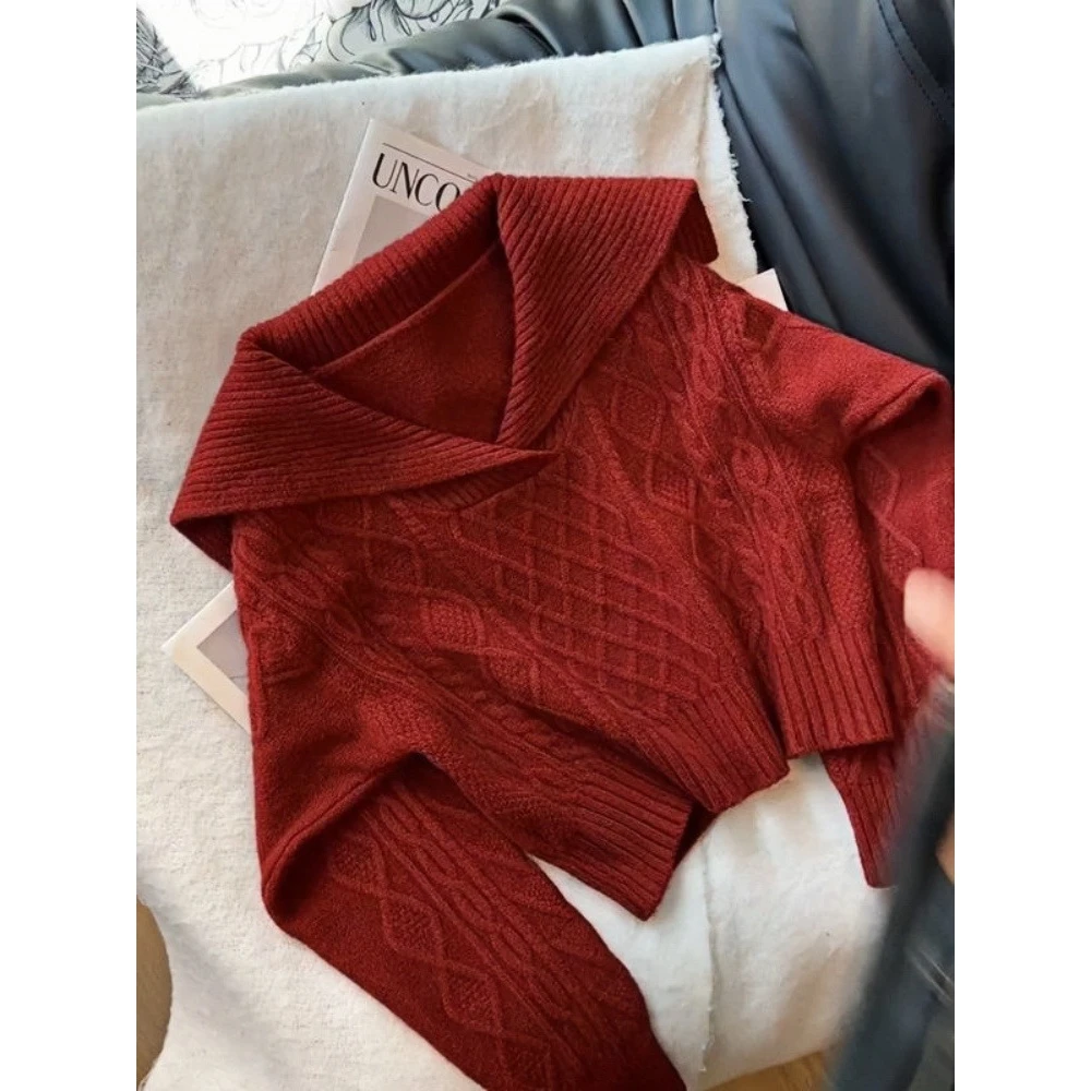 谁穿都好看！红色海军领短款软糯毛衣女长袖上衣修身显瘦针织衫女