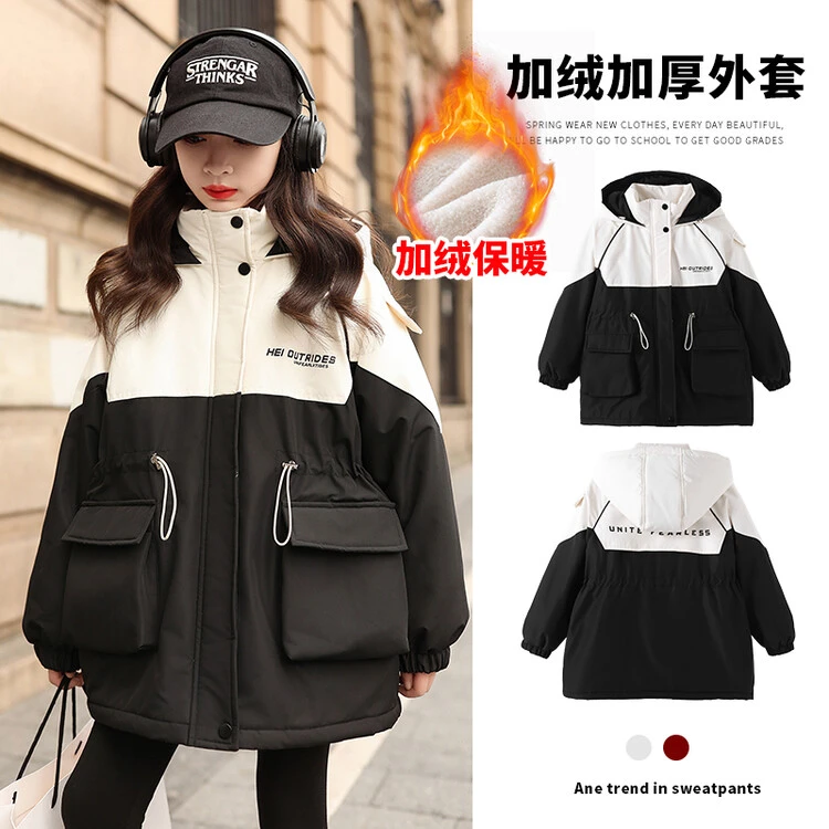 冬季保暖冲锋衣中长款学生连帽拼色大童秋冬童装反季收腰运动外套