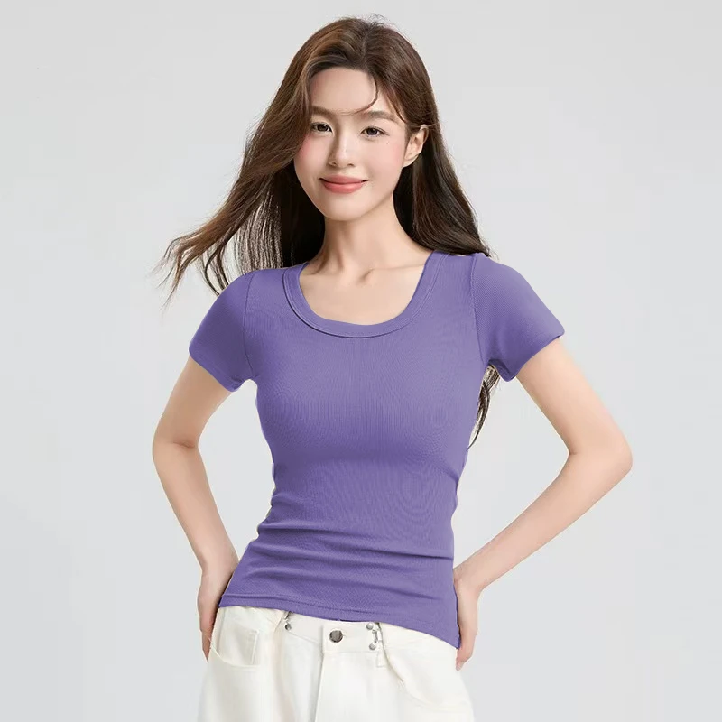 纯色平下摆螺纹圆领袖T恤螺旋纹t恤透气时尚初恋风夏季短袖显瘦