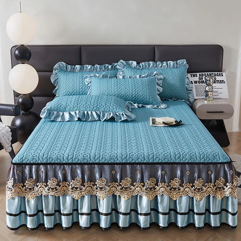 水星新家纺夏季冰丝席凉席三件套床裙款可水机洗折叠夏蕾丝床罩