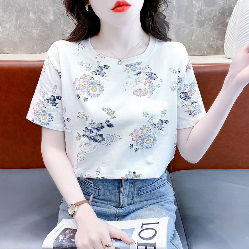 女士爆款白色短袖T恤女装夏天新款ins女士体恤减龄漂亮洋气上衣