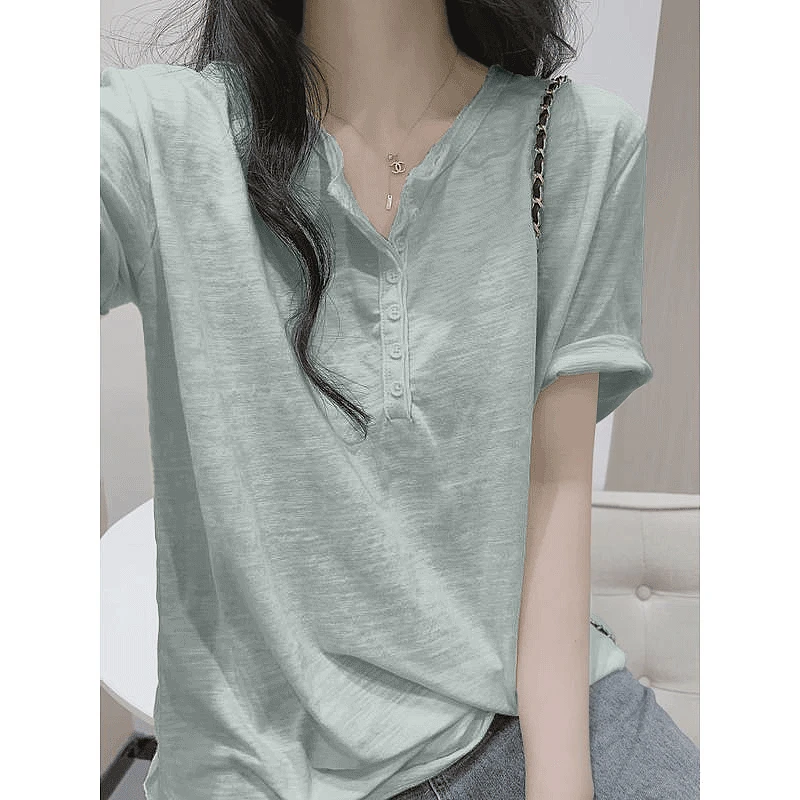 纯欲慵懒风竹节棉宽松百搭T恤女装夏季短袖正肩设计感休闲薄上衣