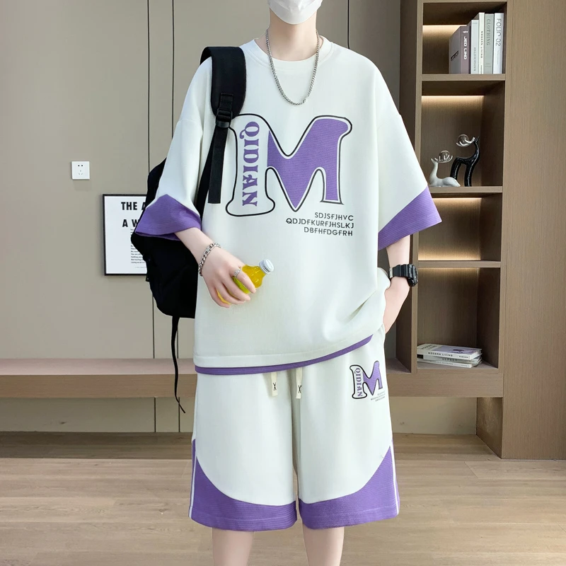 青少年短袖套装男孩2025夏季圆领潮牌半袖学生宽松体恤运动两件套