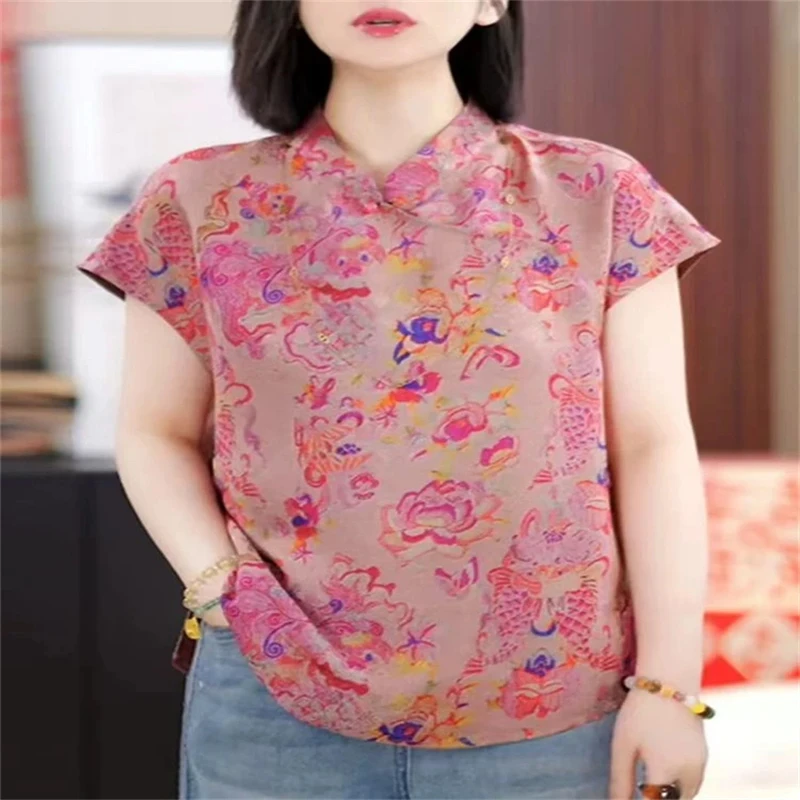 新中式衬衫女短袖夏季新款高端领盘扣小衫国风桑蚕 丝上衣