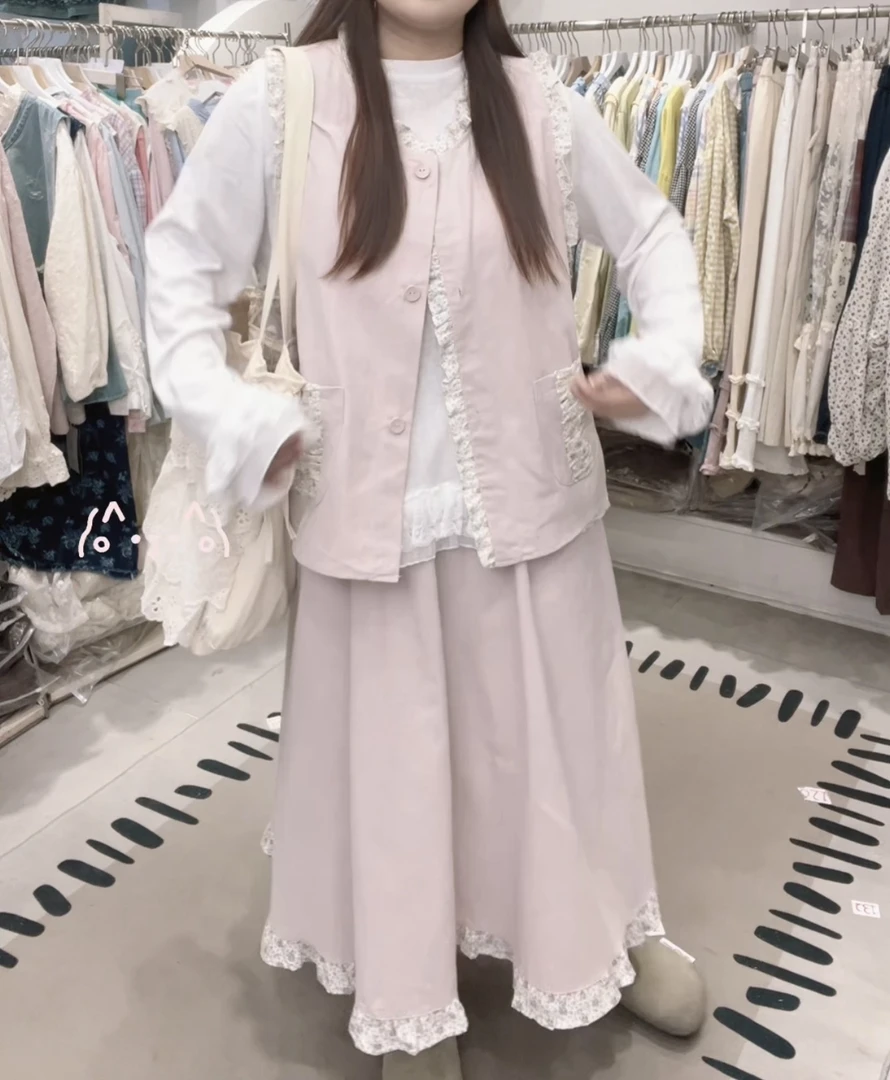 【粉与花涧】春款显瘦减龄粉碎花马甲半裙两件套