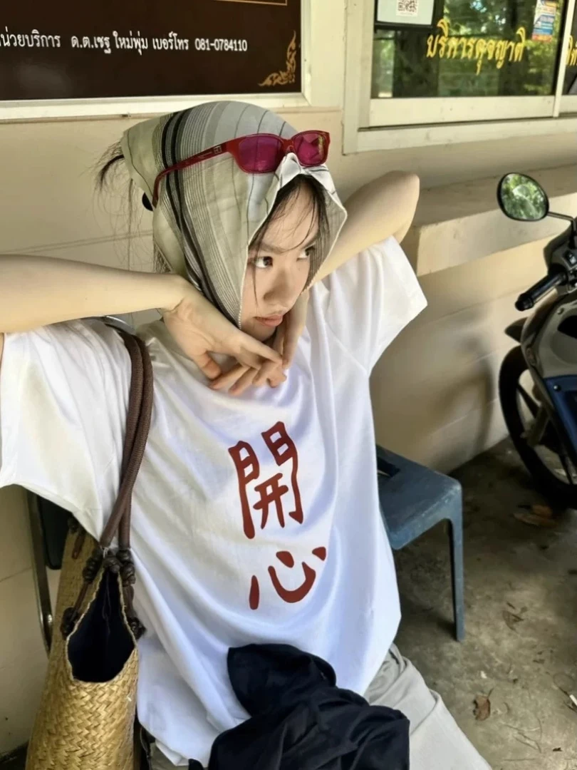 国潮夏季小众印花纯棉白色短袖t恤女学生夏季半袖ins宽松设计感