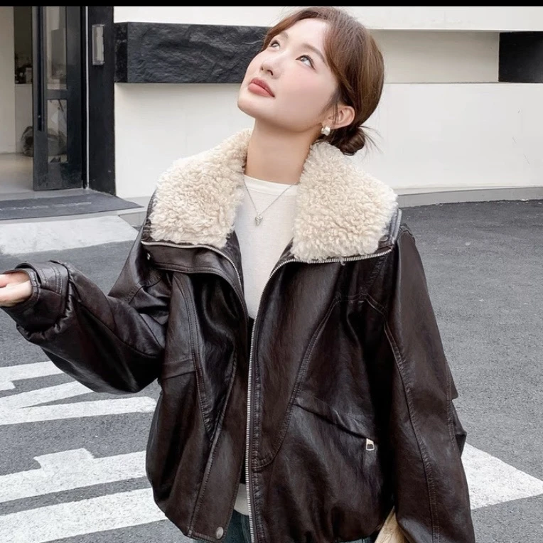 毛绒大翻领加绒加厚保暖皮衣外套女秋冬新款宽松显瘦上衣皮夹克