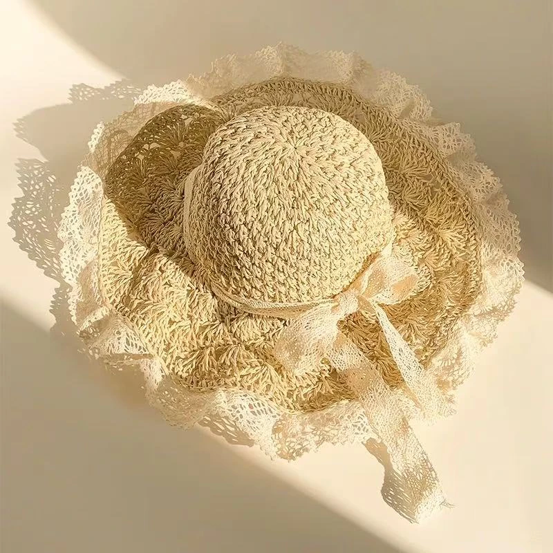 蕾丝花边蝴蝶结镂空编织草帽女春夏季遮阳帽子大帽檐显脸小沙滩帽