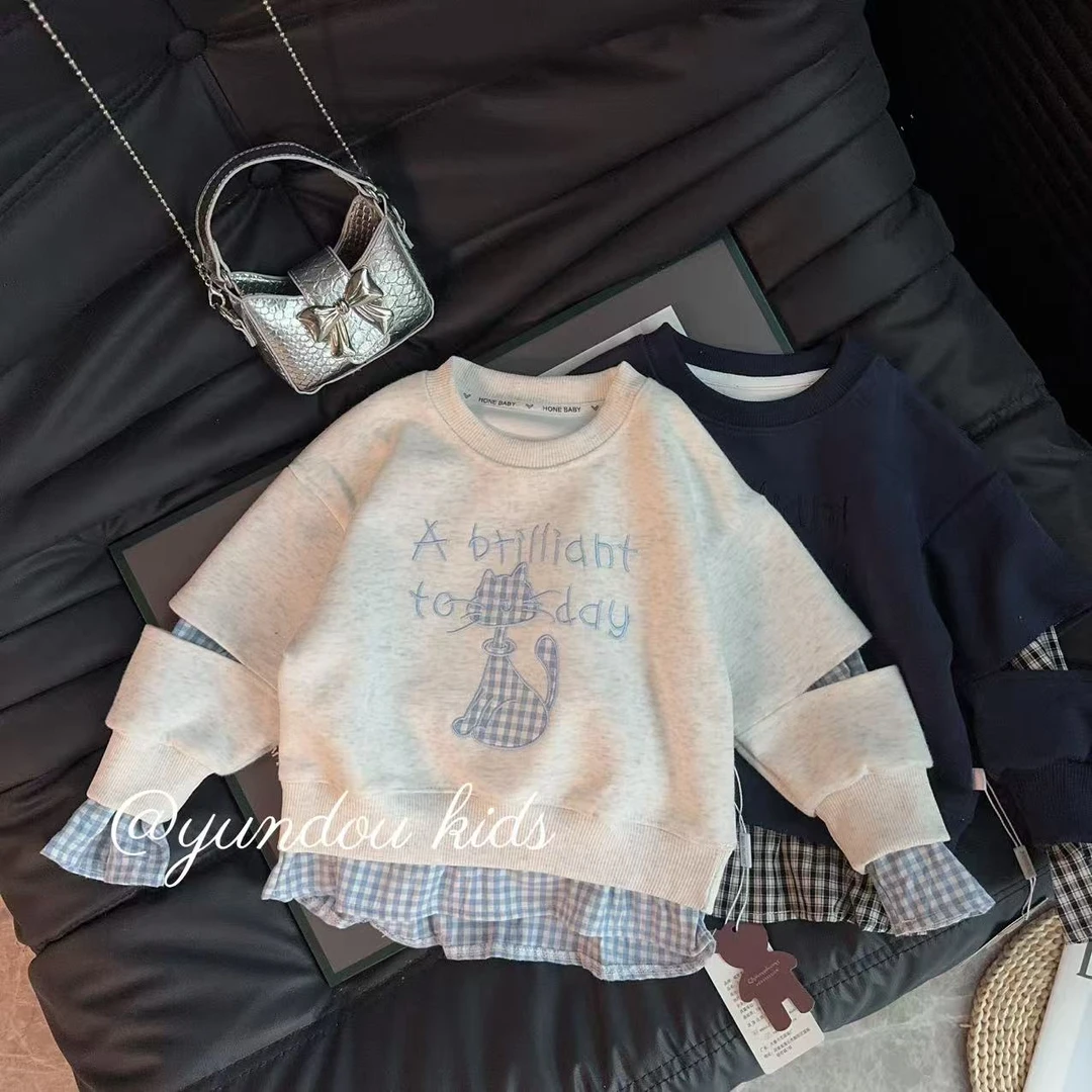 【加绒加厚】春秋女宝卡通动漫刺绣刺绣小猫女童卫衣常规款休闲风