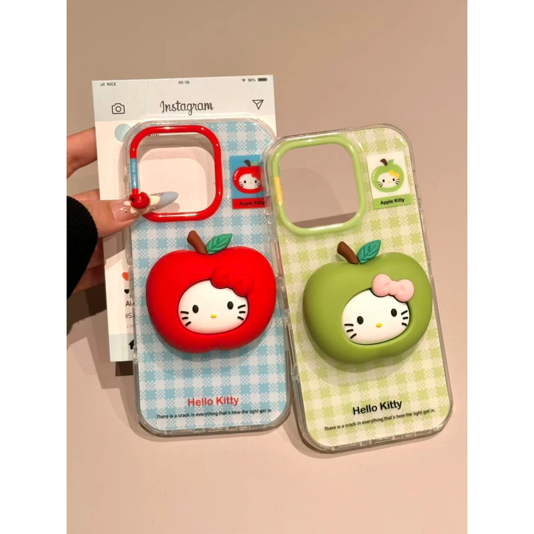 可爱红绿苹果硅胶KT支架手机壳适用苹果15新款iPhone16双层14/13