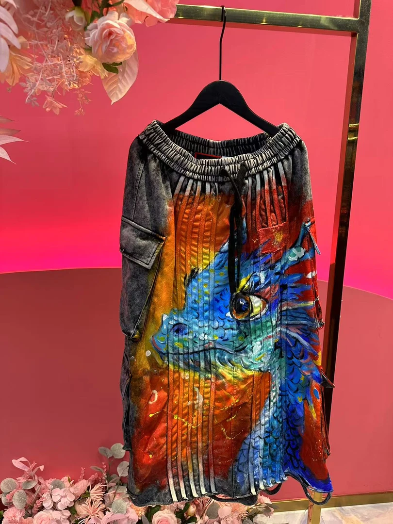 R355 轻奢时尚休闲夏季潮流印花设计师重工百搭女士春夏裤子