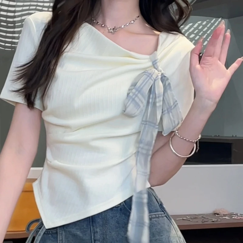 2025夏季新款甜美风蝴蝶结绑带不规则格纹设计感短袖上衣
