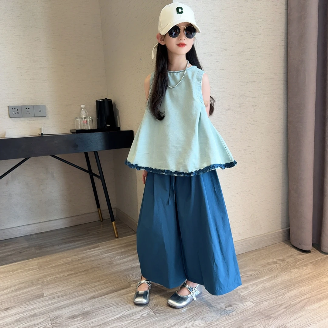 女童套装夏季2025新款女大童韩系穿搭夏装无袖娃娃衫阔腿裤两件套