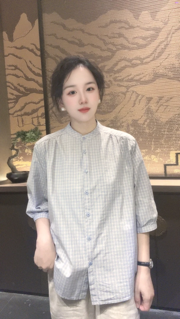 9820双层纱纯棉夏季薄款短袖休闲百搭格子五分袖女上衣立领衬衫