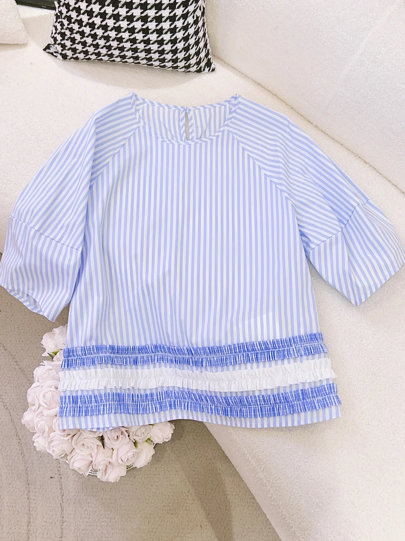 琳心丨夏季新款休闲百搭蓝色条纹拼接短款衬衫 LS8018