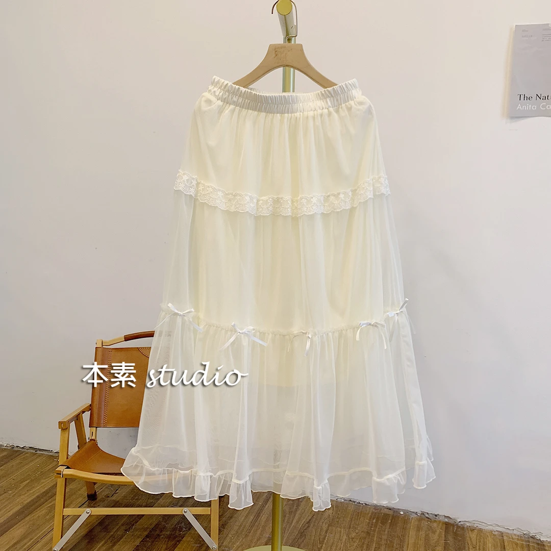 C3201蝴蝶结蕾丝边松紧腰半身裙