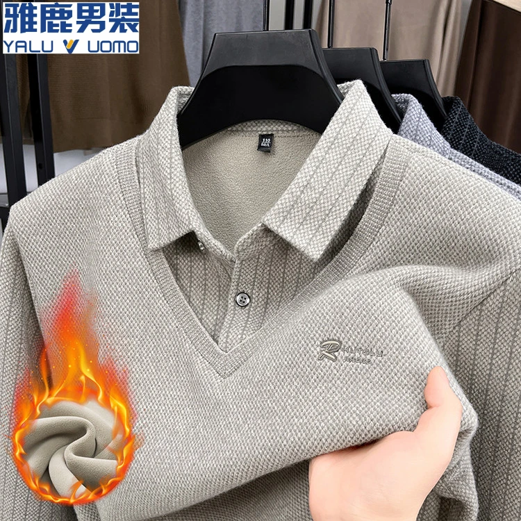 雅鹿男装加厚假两件高档长袖polo衫男士秋冬季保暖针织打底衫毛衣