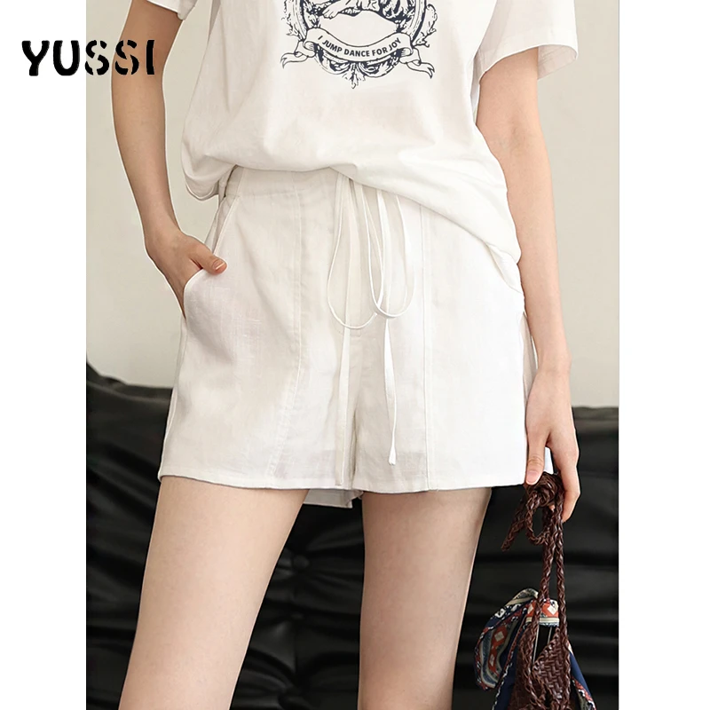 YUSSI【雾隐漫夏】老钱风高级感白色天丝亚麻短裤女夏季显瘦女裤