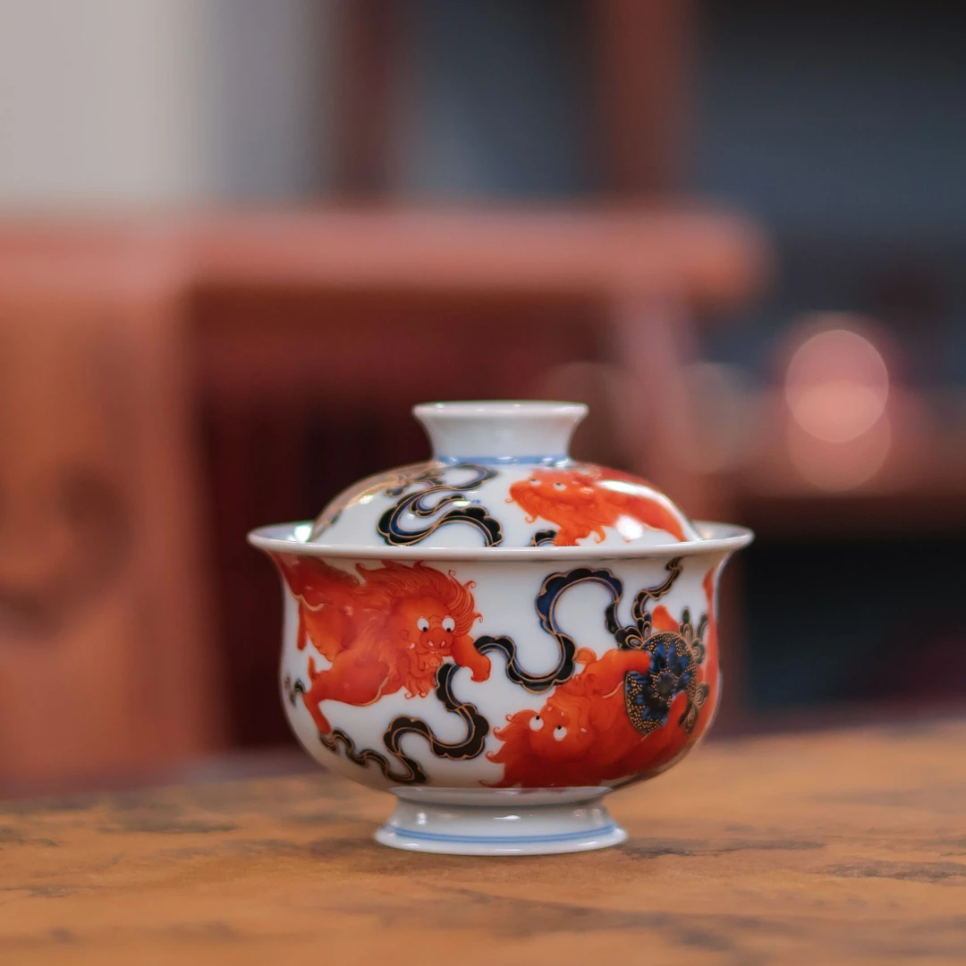 小卿亭描金狮子盖碗纯手工手绘