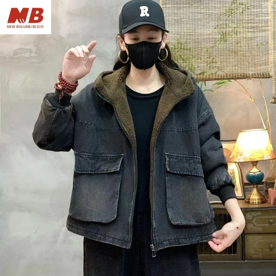 新百伦【奥莱撤柜】冬季2025牛仔棉服连帽外套新款复古加绒加厚宽