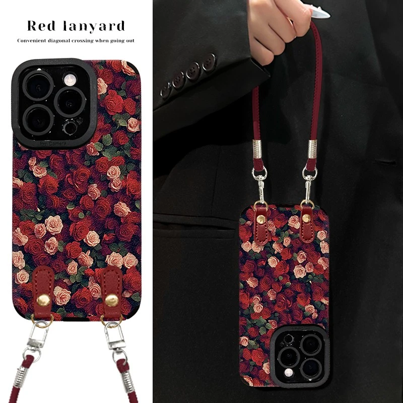 红玫瑰适用苹果15华为VIVO/OPPO/小米iPhone16瞳眼羊皮高级手机壳