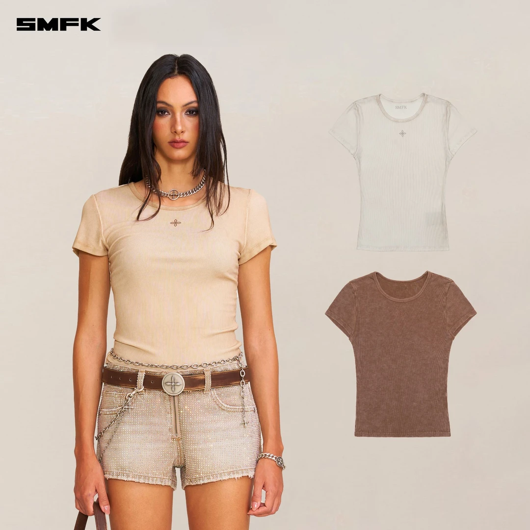 SMFK暴风褪色蚕丝运动Tee（手工染色）DT102S 夏季亲肤修身显瘦短袖