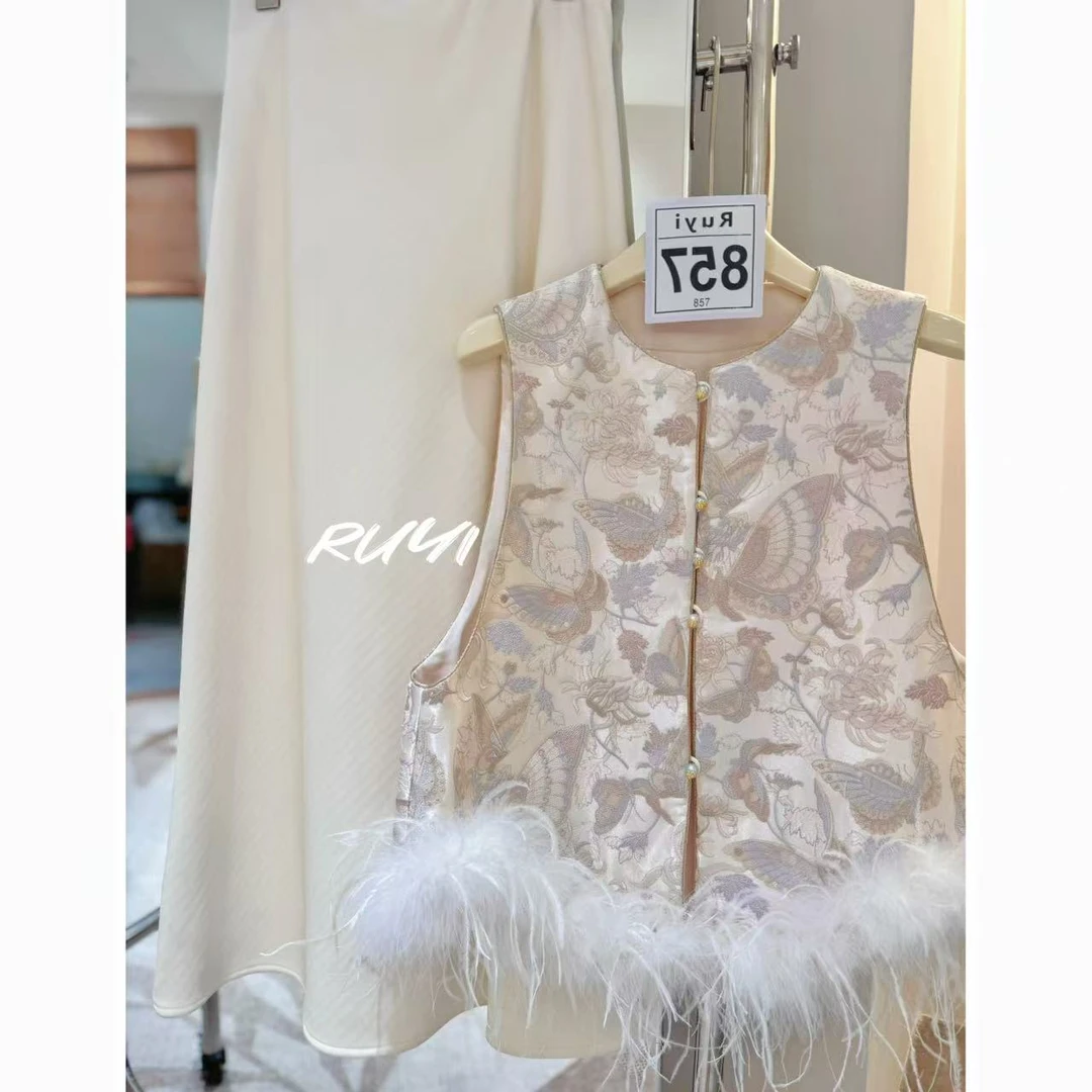 【RUYI】&【山木花葶】857新中式整身印花羽毛点缀女士马甲