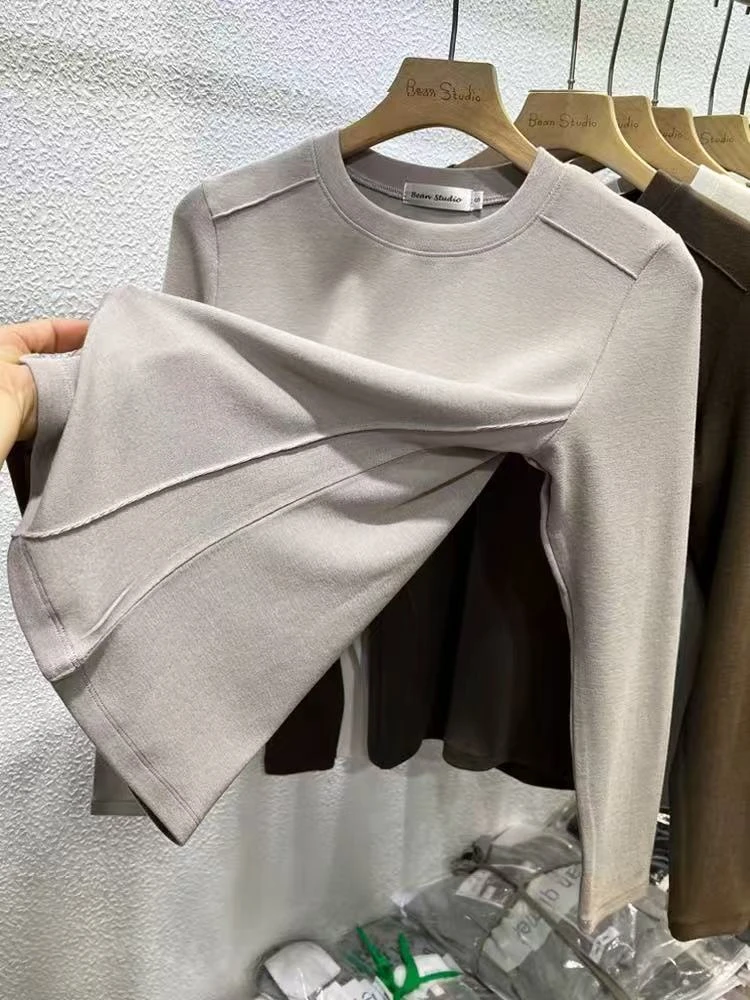 711-潮流女圆领长袖秋季女士德绒打底T恤灰色休闲韩版