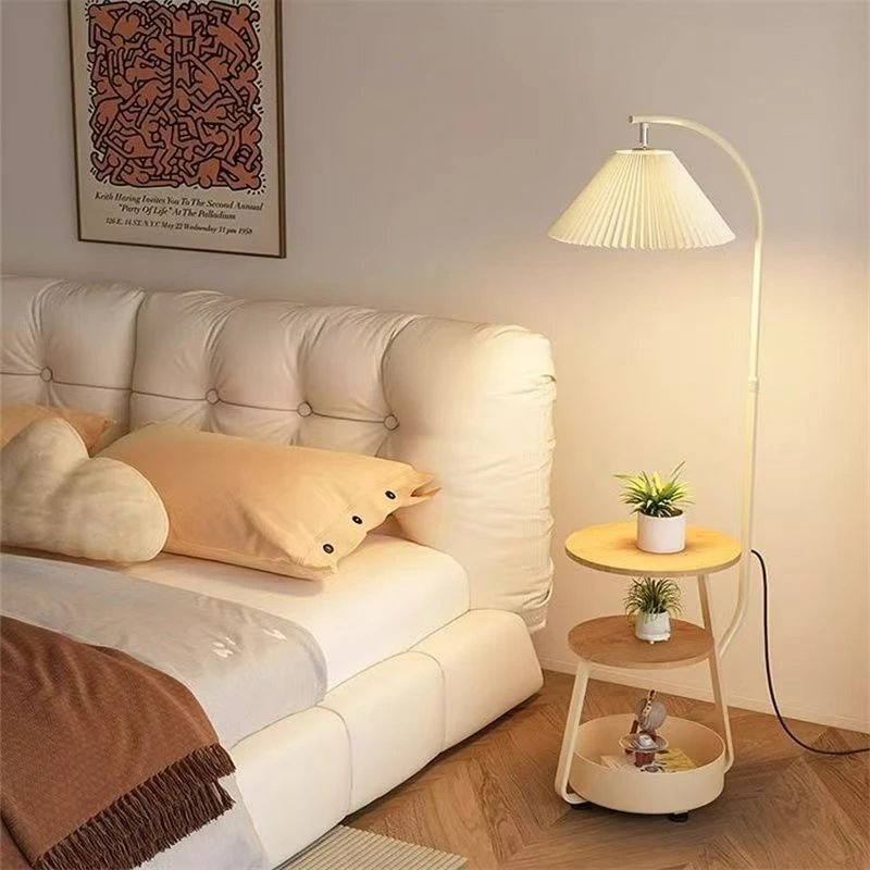 奶油风百褶现代落地灯客厅置物架茶几灯2025新款卧室床头置物架灯