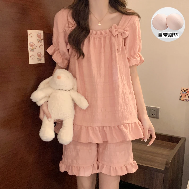 可外穿带胸垫女士睡衣2025夏季短袖薄款洋气网红高颜值家居服套装