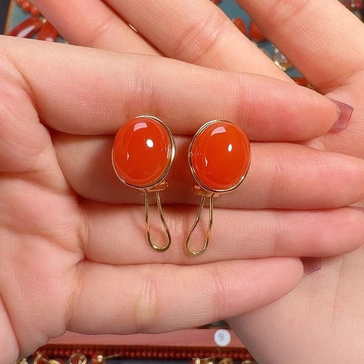 南红玛瑙银S925镶嵌耳饰高货