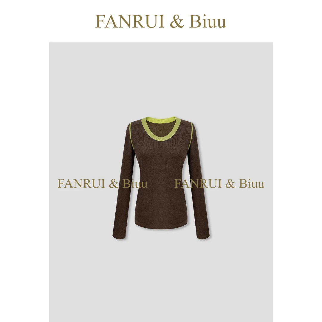 FANRUI/泛芮「霜柿破晓」羊毛混纺拼色线条洋气显瘦针织衫女B17742