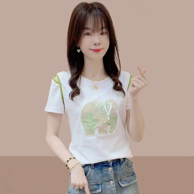 高含棉彩色大象重工刺绣小露香肩撞色T恤时尚显瘦百搭设计感上衣