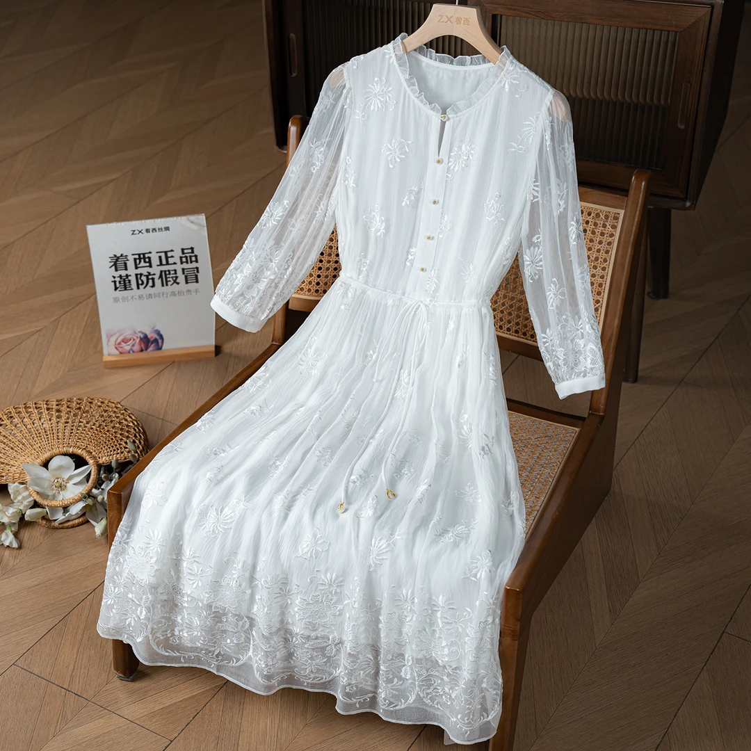 【艺朵】2025早春新款100%桑蚕丝刺绣花中长款连衣裙2Q660636