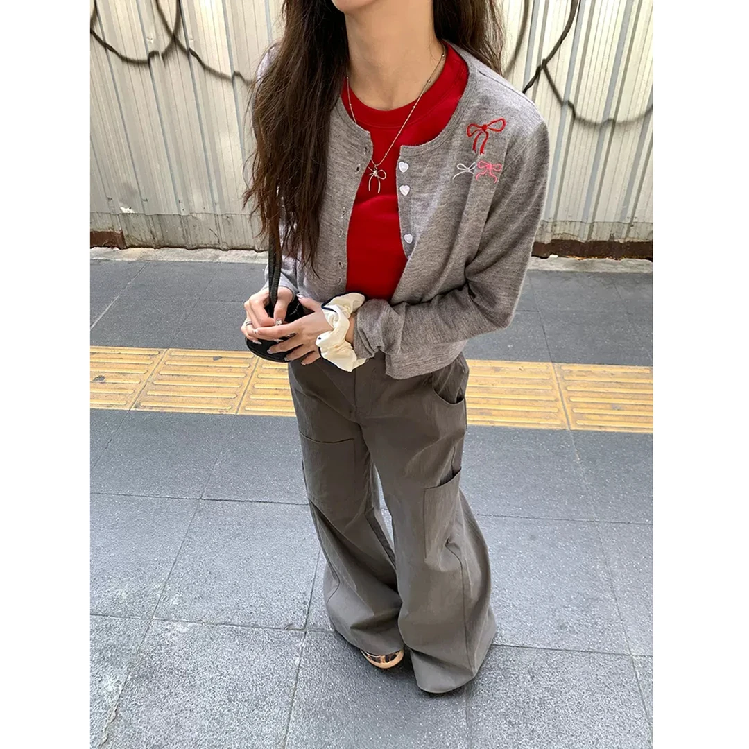 蝴蝶结针织刺绣开衫2024秋季小众设计宽松薄款毛衣外套女kk-09000