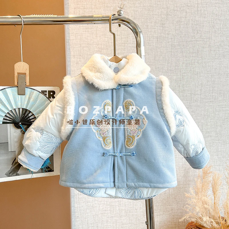 现货啵小爸【松山煮雪】2024春秋冬季男童新中式刺绣加绒加厚套装